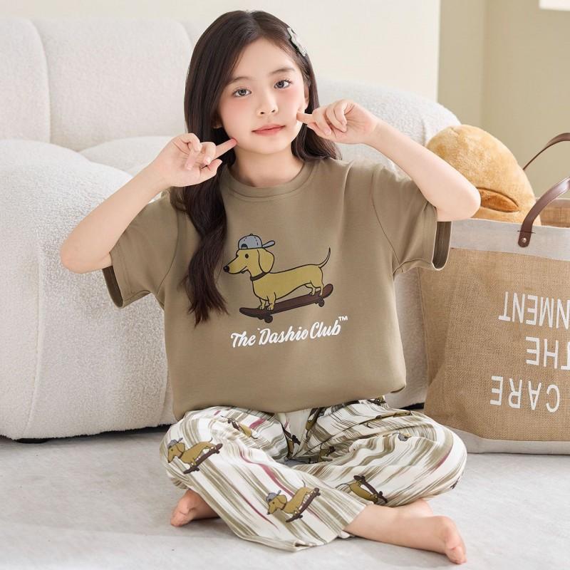 Girls Cotton Pajama Set Short Sleeve Long Pants Cartoon Print Sleepwear Kids Ages 4-12