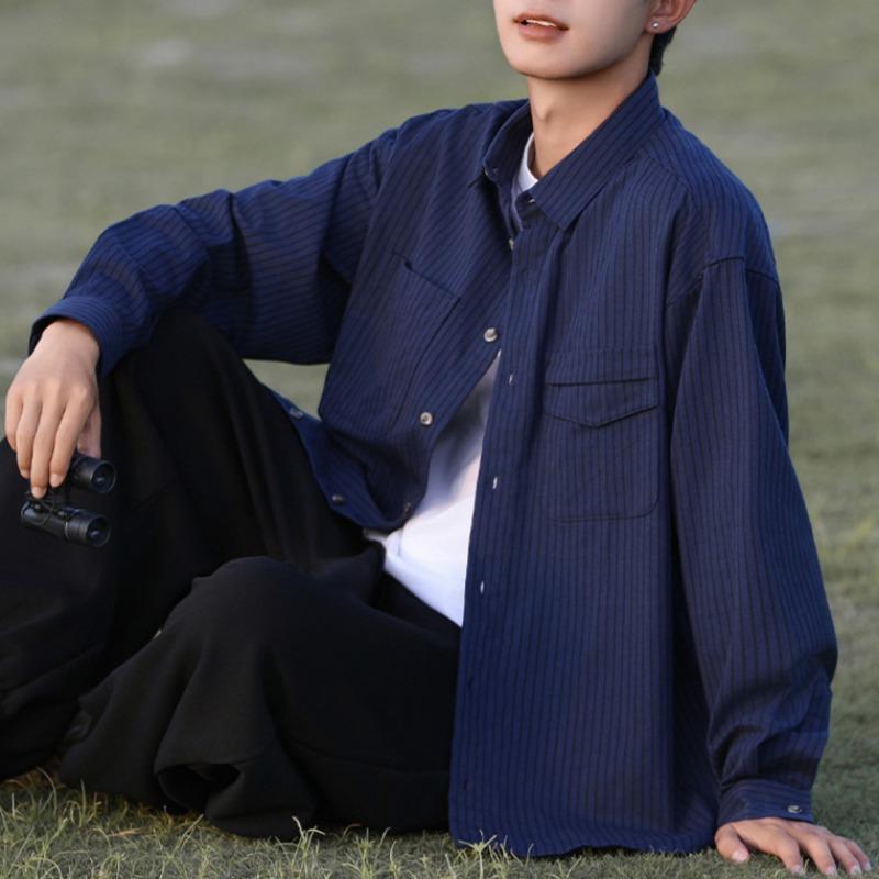 Spring and Autumn Men's New Lar Loose Casual Striped Long Sleeve Shirt