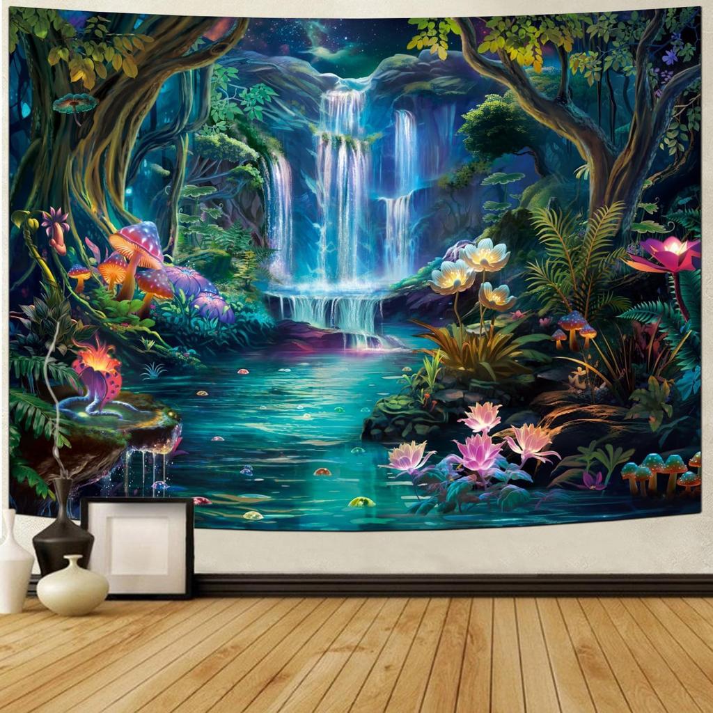 Moon Night Forest Wall TapestryEnchanted Wonderland Glow the Dark Trees Mountain River Nature Landscape Room Decor Tapestries