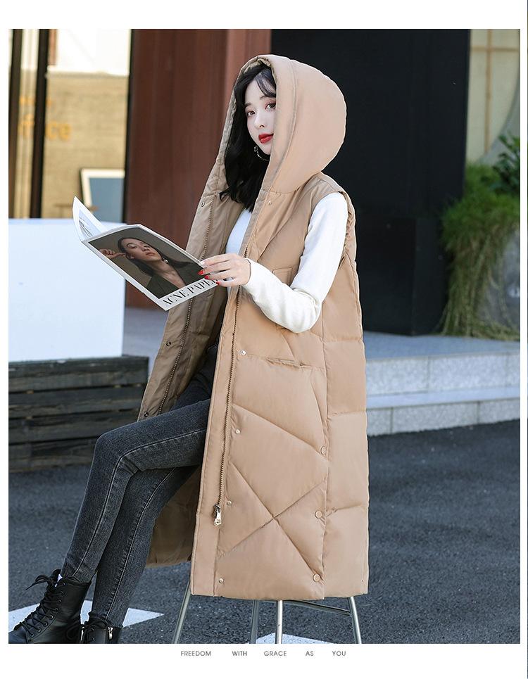 Autumn and Winter Women's Solid Color Hooded Loose Mid-length Windproof Warm Vest Sleeveless Women's Jacket