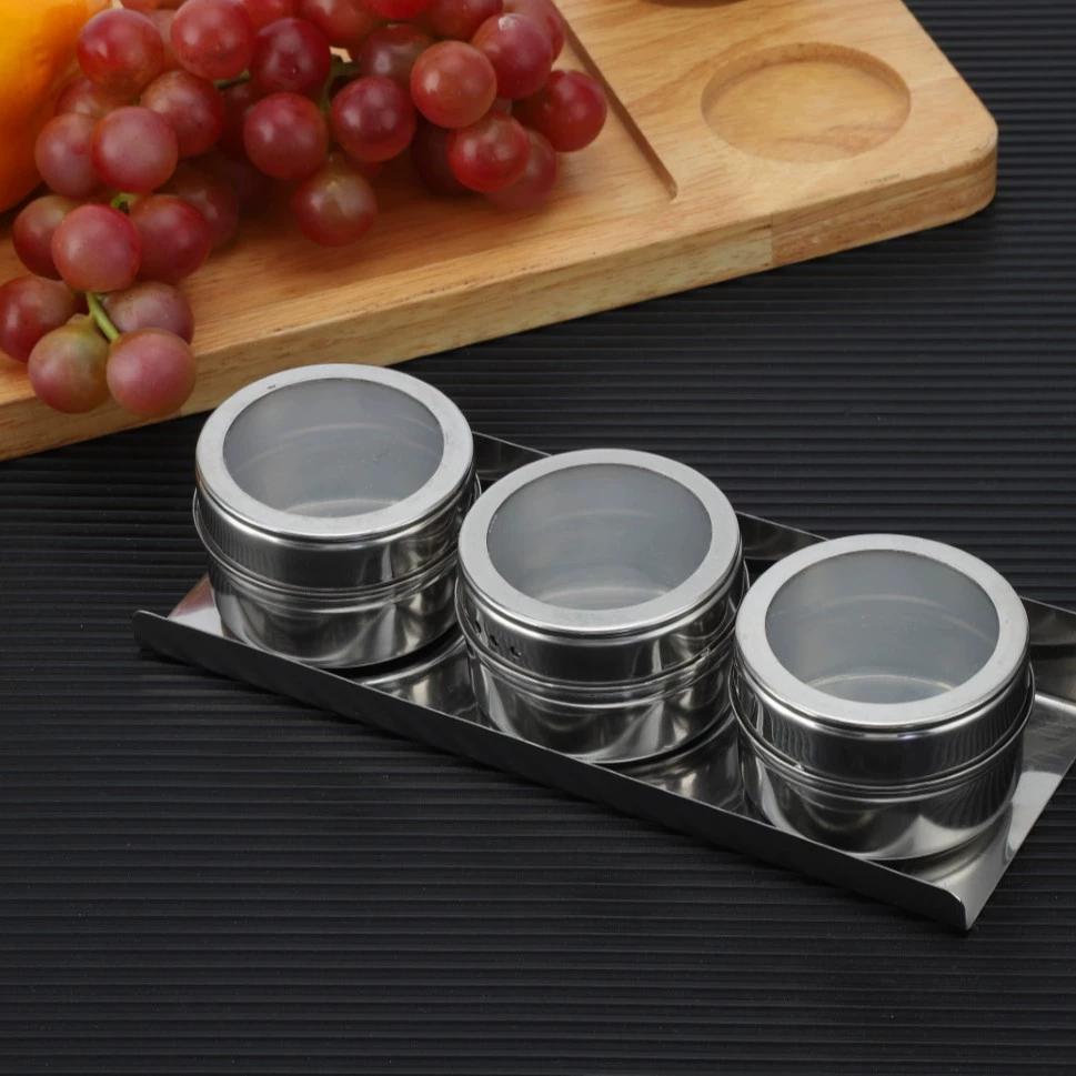 

New Visual Magnetic Seasoning Box Wall Mounted Stainless Steel Seasoning Box Barbecue Seasoning Jar Sprinkle Bottle Set 3pc set with base