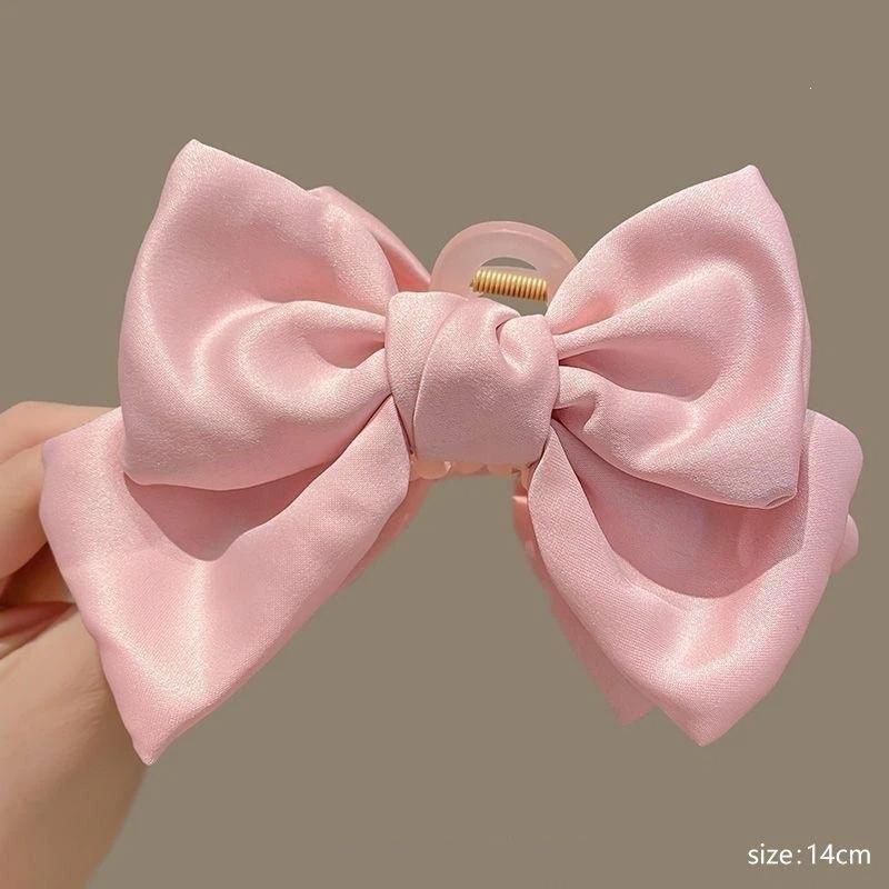 Satin Large Bow Hair Claw Clips Fadeless Fabric Strong Hold Non Slip 3Pcs for Girls Daily Play Date Gift