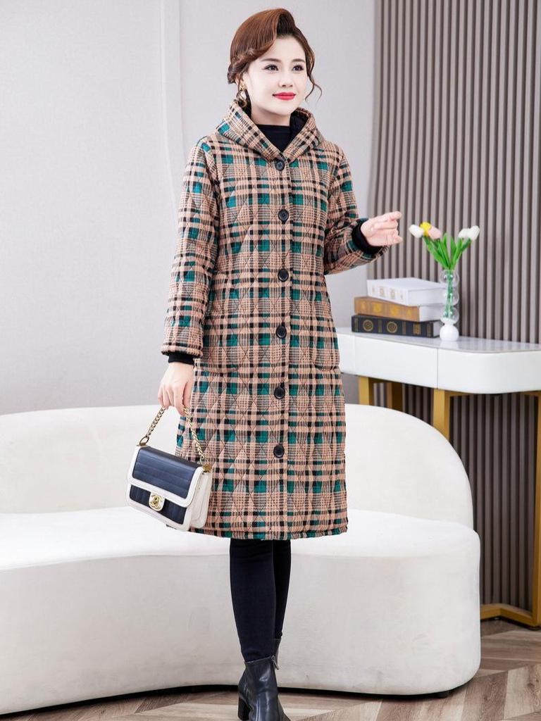 Women's Mid-length Plaid Cotton Coat - Velvet-lined, Thickened for Autumn/Winter