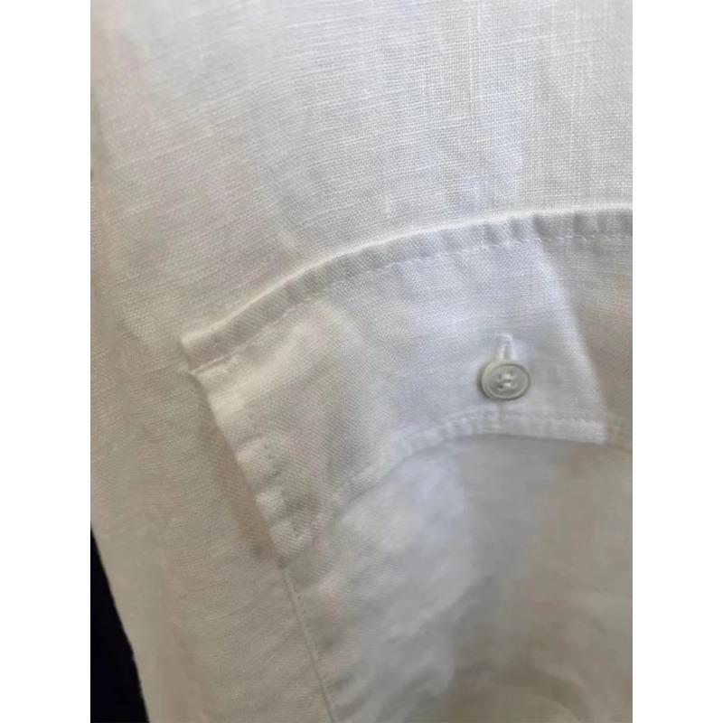 Women White Stand Collar Pocket Long Sleeve Linen Blend Shirt