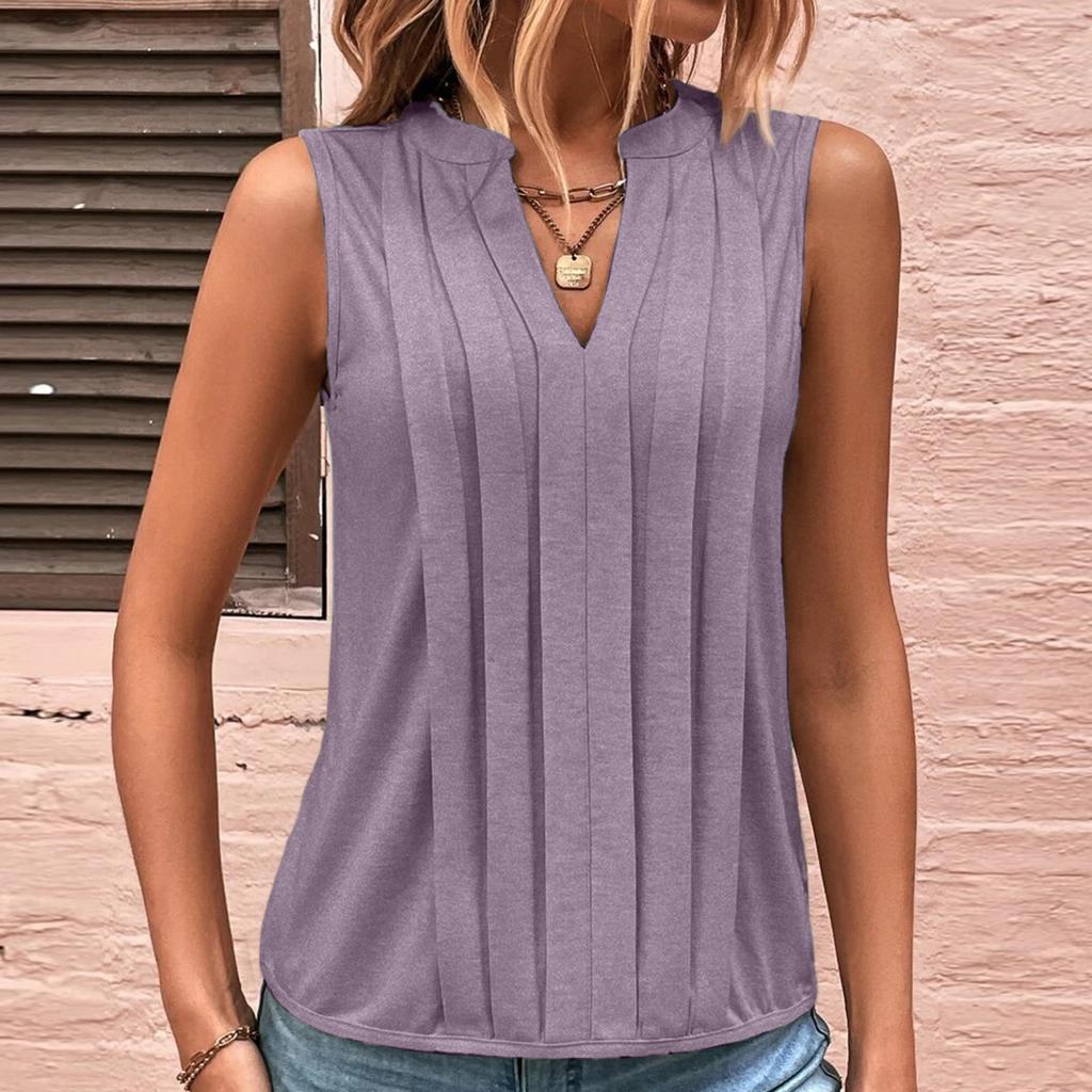 Ladies' Color Summer Fashion Temperament Elegant Pleated V-neck Vest Top