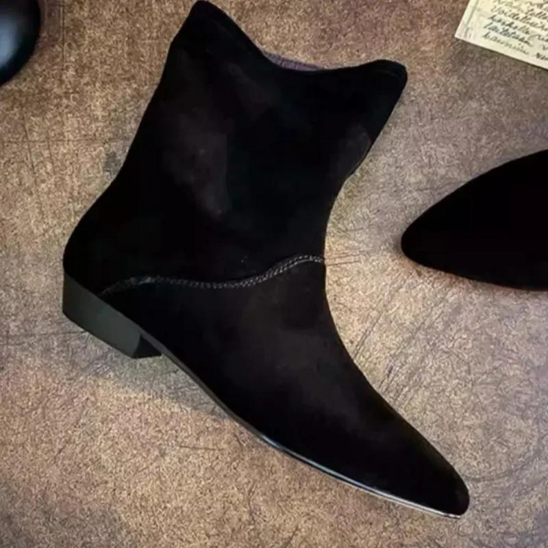 Fashion Pointed Toe Ankle Boots Women Flats Suede Shoes Woman Winter 2025 Fashion Goth Retro Gladiator Chelsea Snow Soft Botas De Mujer