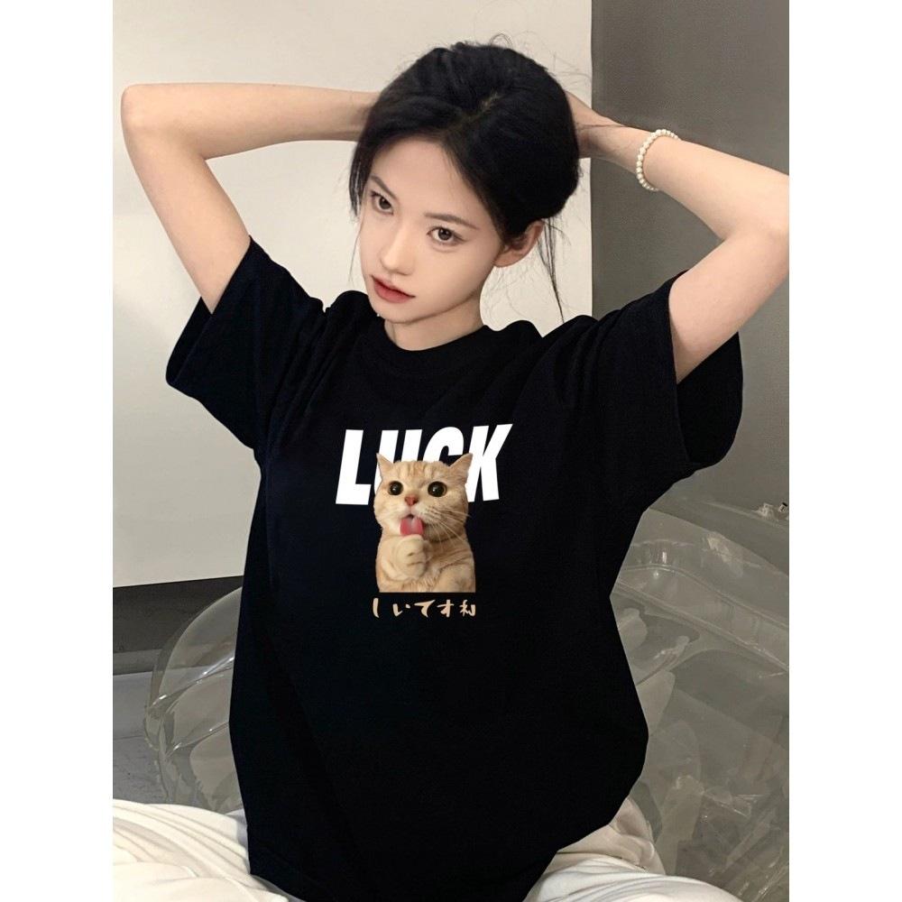 Pure cotton black short-sleeved women's t-shirt new popular summer unique design niche top loose t-shirt