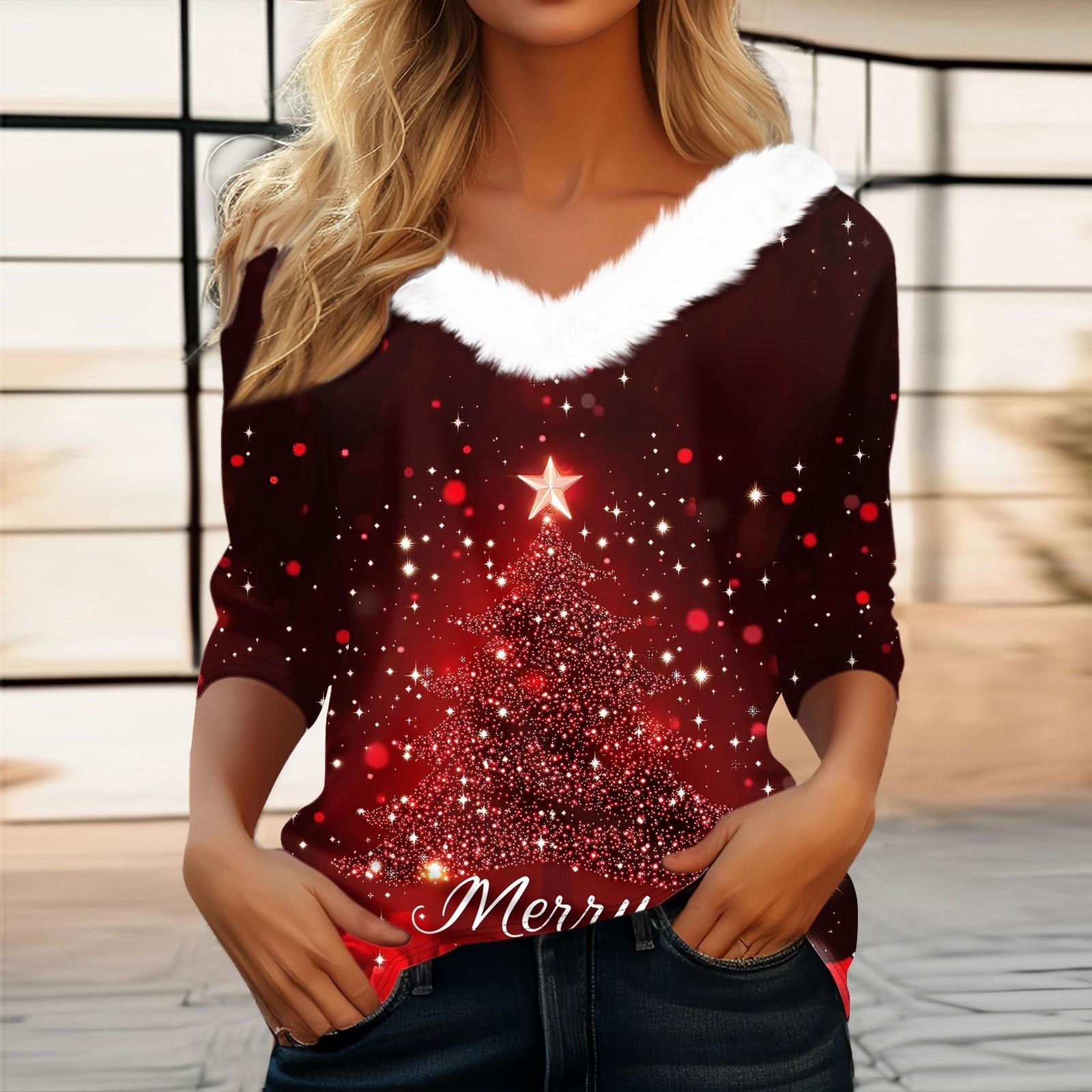 

Женская футболка с рождественским принтом, флисовый воротник с рукавом три четверти и V-образным вырезом на рождественской вечеринке XXL винный