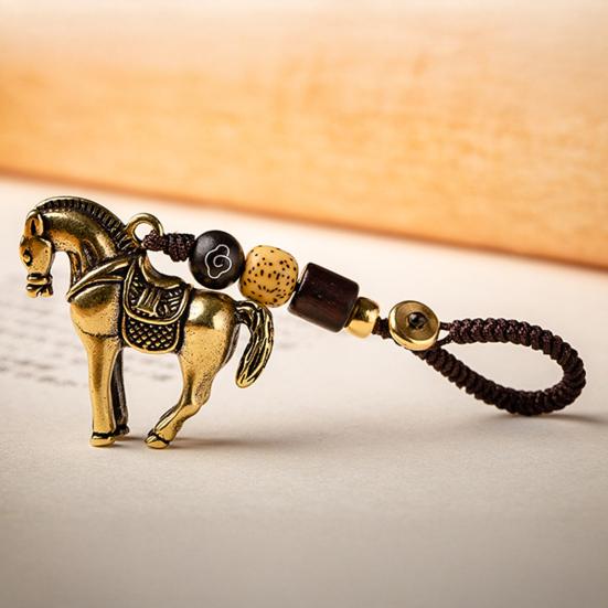 Keychain Pendant Brass Horse Charm Car Key Chain with Hand-Braided Cord Beadwork Immediate Success Bag Charm Car Ornament