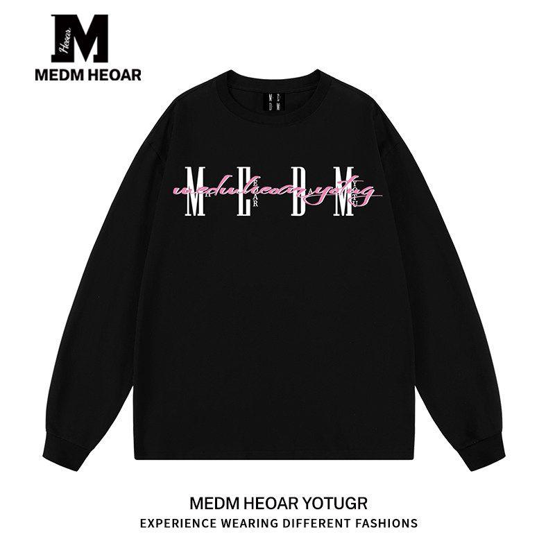 Medmheoar American-Style Basic Long-Sleeve Couple's Heavy-Duty Printed T-Shirt Loose Fit Tee [All Three Labels Complete]