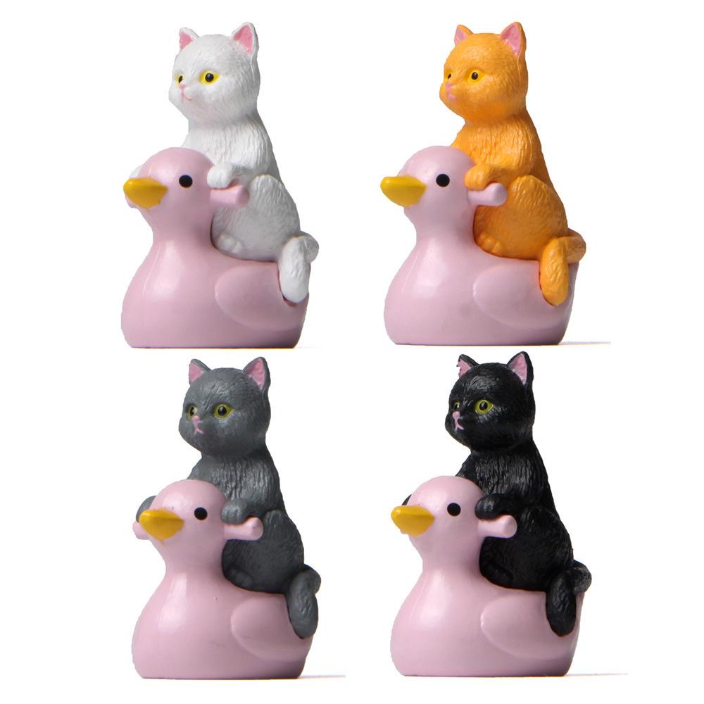 Playful Water Series: Hand-Painted Cat & Kitten Figurines on Pink Ducks for Micro Landscape Gardening