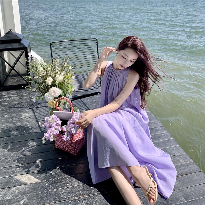 Summer New Sleeveless Casual Loose Purple Dress Women Fashion Plus Size A Line Beach Vacation Dresses Women Solid Pleated Round Neck Long Dress 26368