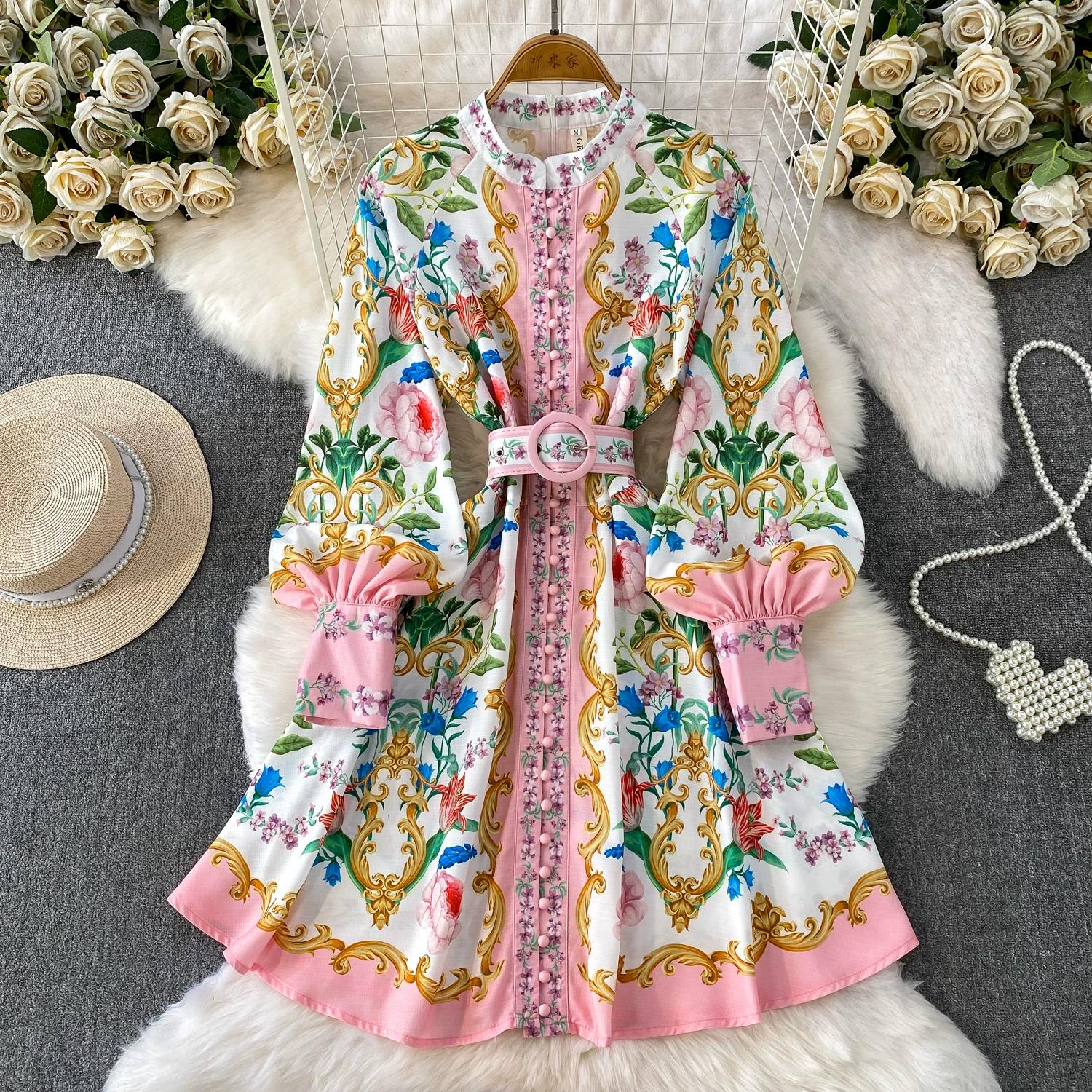 

Stylish Summer Spring Oil Painting Printed Stand Collar Lantern Sleeve Short Dress for Women 2XL рожевий