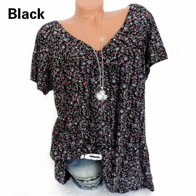 Plus Size Women Summer Casual Loose V Neck Printed Short Sleeve T Shirt Top