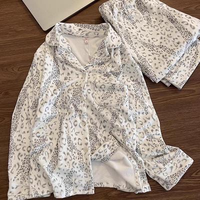 Herbst/Winter High-End Leopardenmuster Fleece Pyjama Set - Warm, Langärmelige Homewear