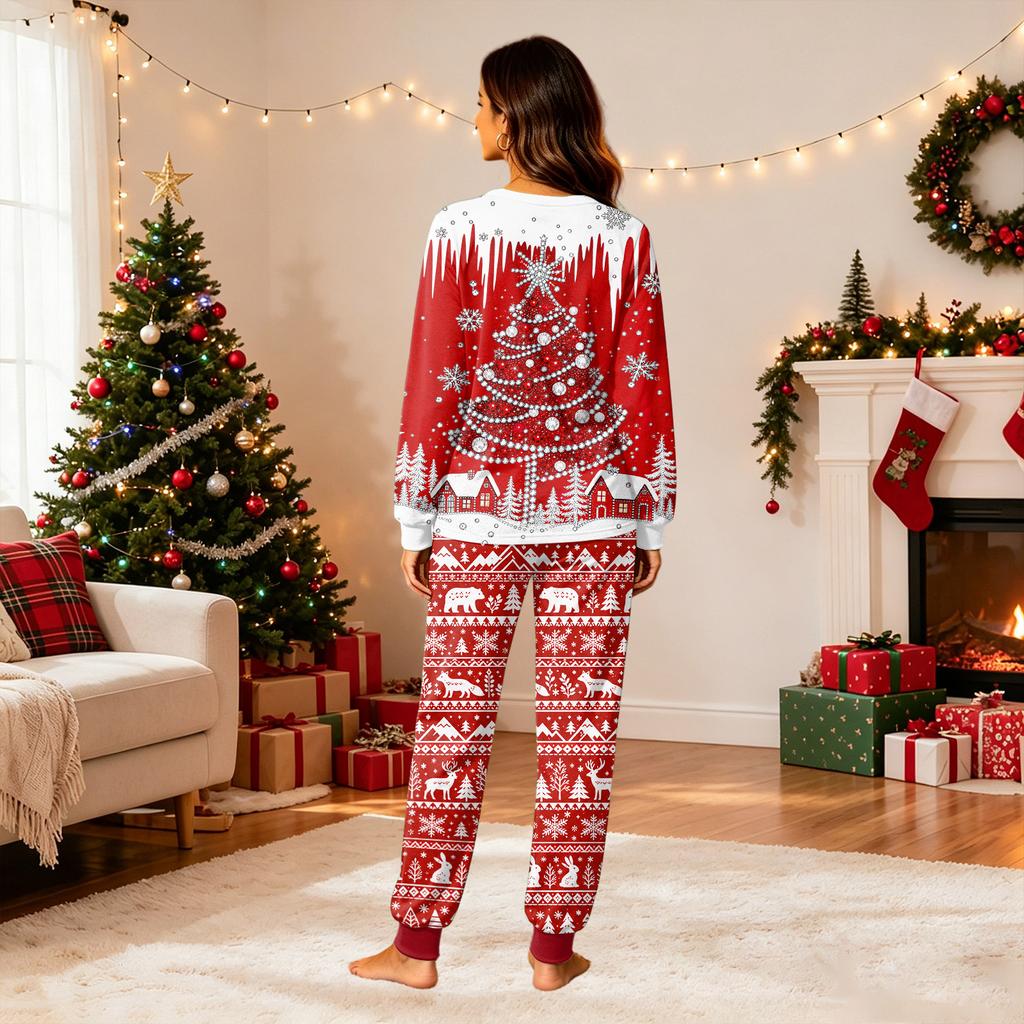 Family Matching Christmas Pajama Set, Round Neck Long Sleeve Top and Pants for Kids and Adults, Holiday Loungewear