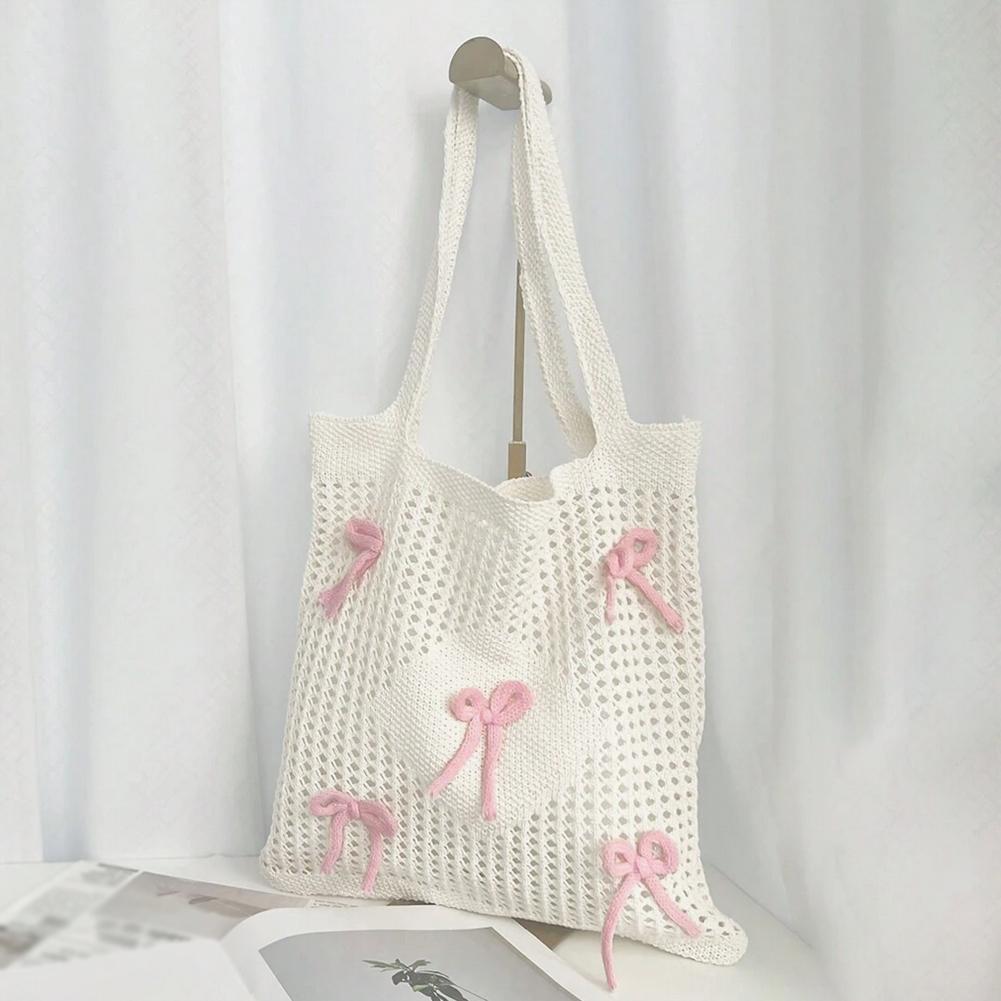 Women Bowknot Crochet Tote Bag Hollow Out Retro Bow Woven Bag Casual Knitted Bow Beach Bag Cute Shoulder Bags for Summer Travel
