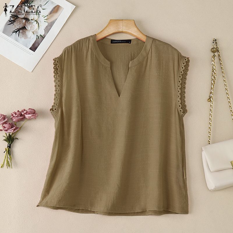 ZANZEA Blusa Casual da Donna con Scollo a V, Colore Unito, Vestibilità Larga, Inserti in Pizzo, Manica Corta