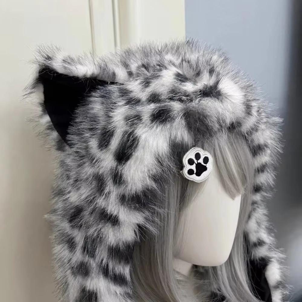Thick Velvet Lined Ear Warmer Hat Snow Leopard Print Winter Head Hat  Ladies Women