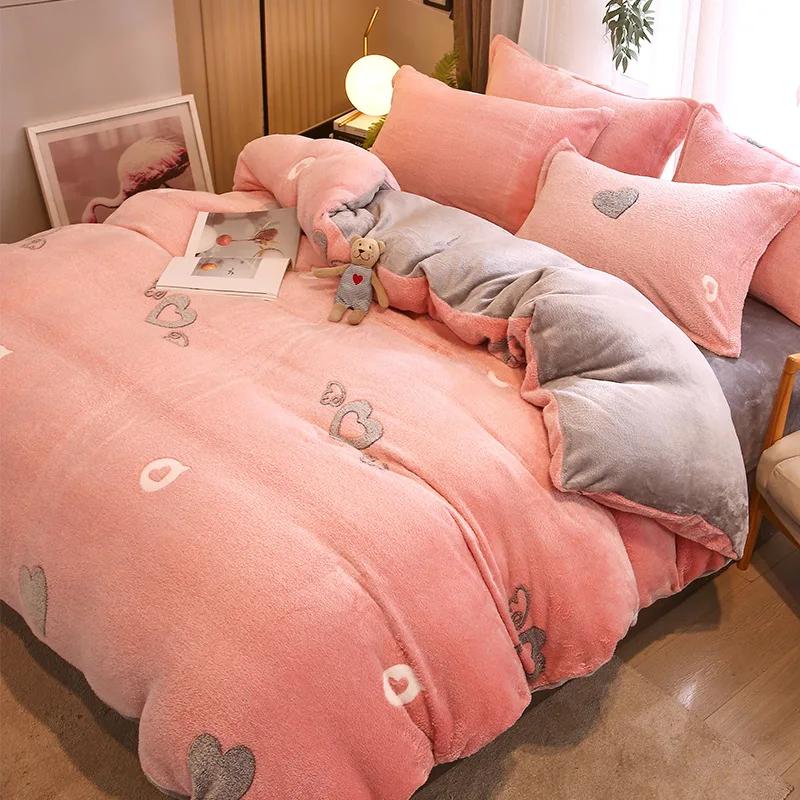 

3Pcs Duvet Cover Set,1Pc Heart Print Thicken Winter Warm Duvet Cover with 2Pcs Pillowcases for Double Bed Funda Nordica Cama 150x200cm-3pcs set