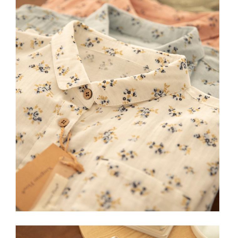 Spring Yuanbao Collar Floral Print Double Layer Gauze Cotton Shirt - Women's Loose Cotton Linen Style