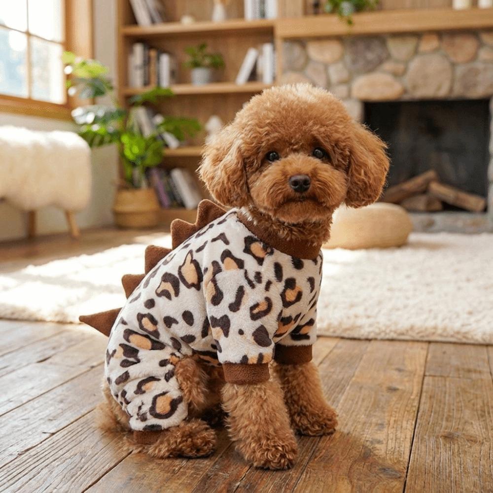 Soft Leopard Print Dinosaur Dog Jumpsuit with D-Ring Thickened Winter Warm Dog Clothes Comfort Dog Coat Daily Wear