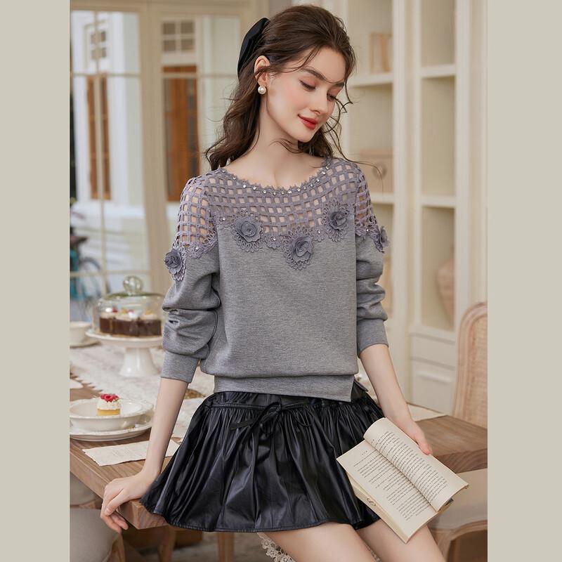 Bailuyu Women's 2026 Spring Lace Rivet Hollow Out Pullover Sweatshirt