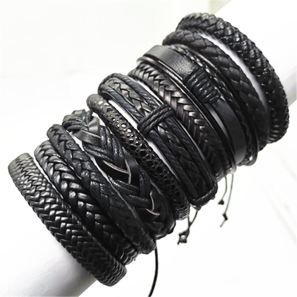 10 Pcs/set Black Wrap Woven New Fashion Handmade Men Bracelets Male Women Leather Bracelets Men Bangle Jewelry Gift