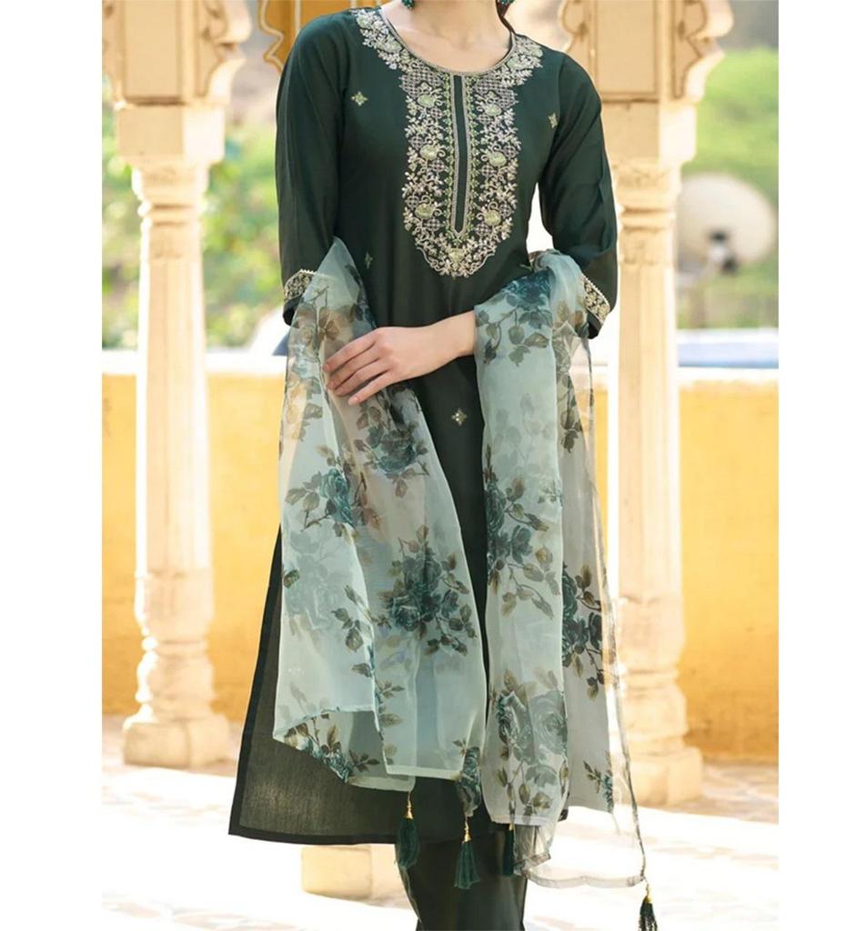 Dámský designový bavlněný set kurti, kalhot a dupatty Chandri Indický bollywoodský top, tunika, kurti