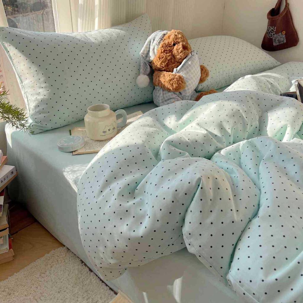 Korean Style Polka Dot Cotton Bedding Set - Student Dormitory A-Class, Skin-Friendly, 3-Piece