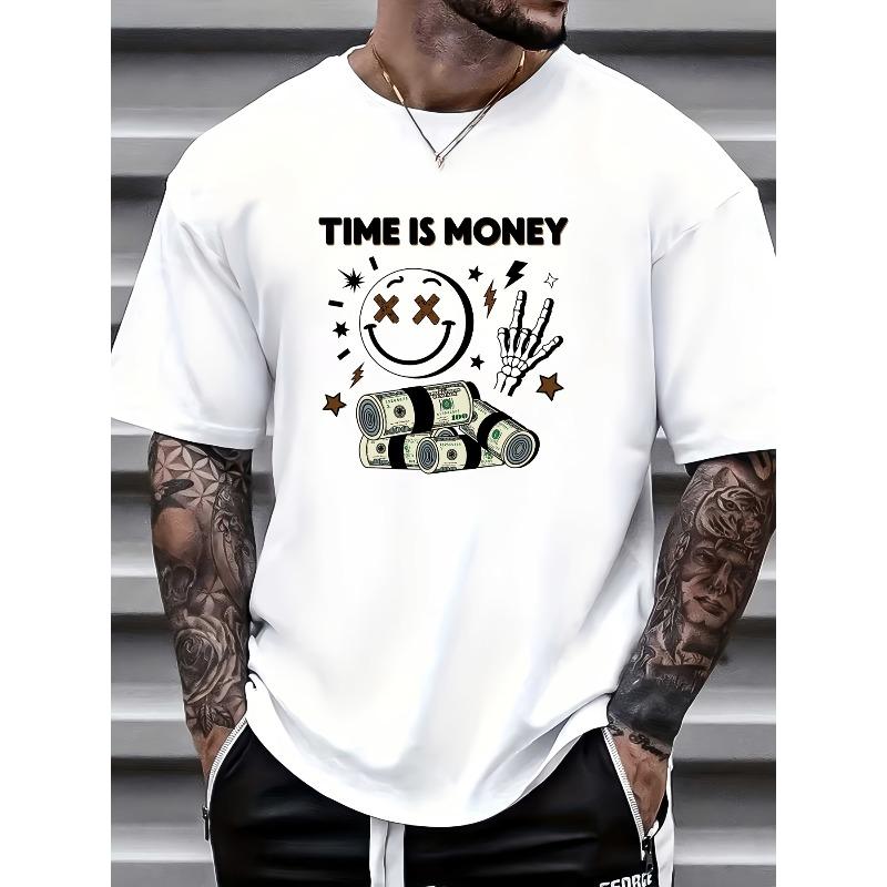 European sizes Men s Time Is Money Graphic T-Shirt - Premium Short Sleeve Crew Neck Tee with Money & Joyful Print S белый