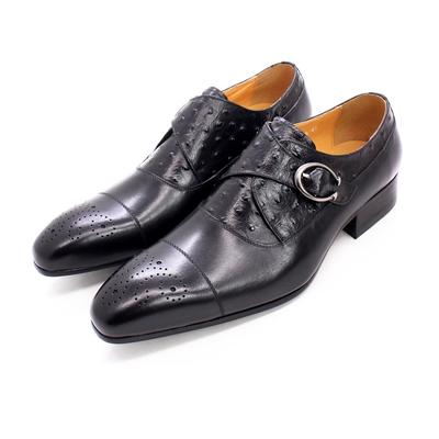 Moda Luxo Sapatos Formais Masculinos de Couro Clássico Estampa Avestruz Brogue Bico Cap Toe Fivela Ajustável Festa de Escritório Vestido de Casamento Sapatos Pretos