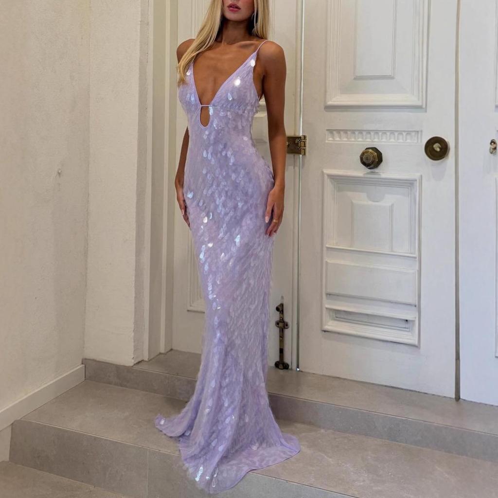 Vestido de Verano 2025 con Lentejuelas, Tirantes Finos y Espalda Descubierta - Estilo Socialité Europeo y Americano