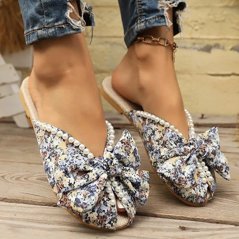 Fashion 2025 Summer Closed Toe Women's Slippers Fashion Outdoor Butterfly-knot Casual String Bead Plus Size Best Seller Flat Slippers