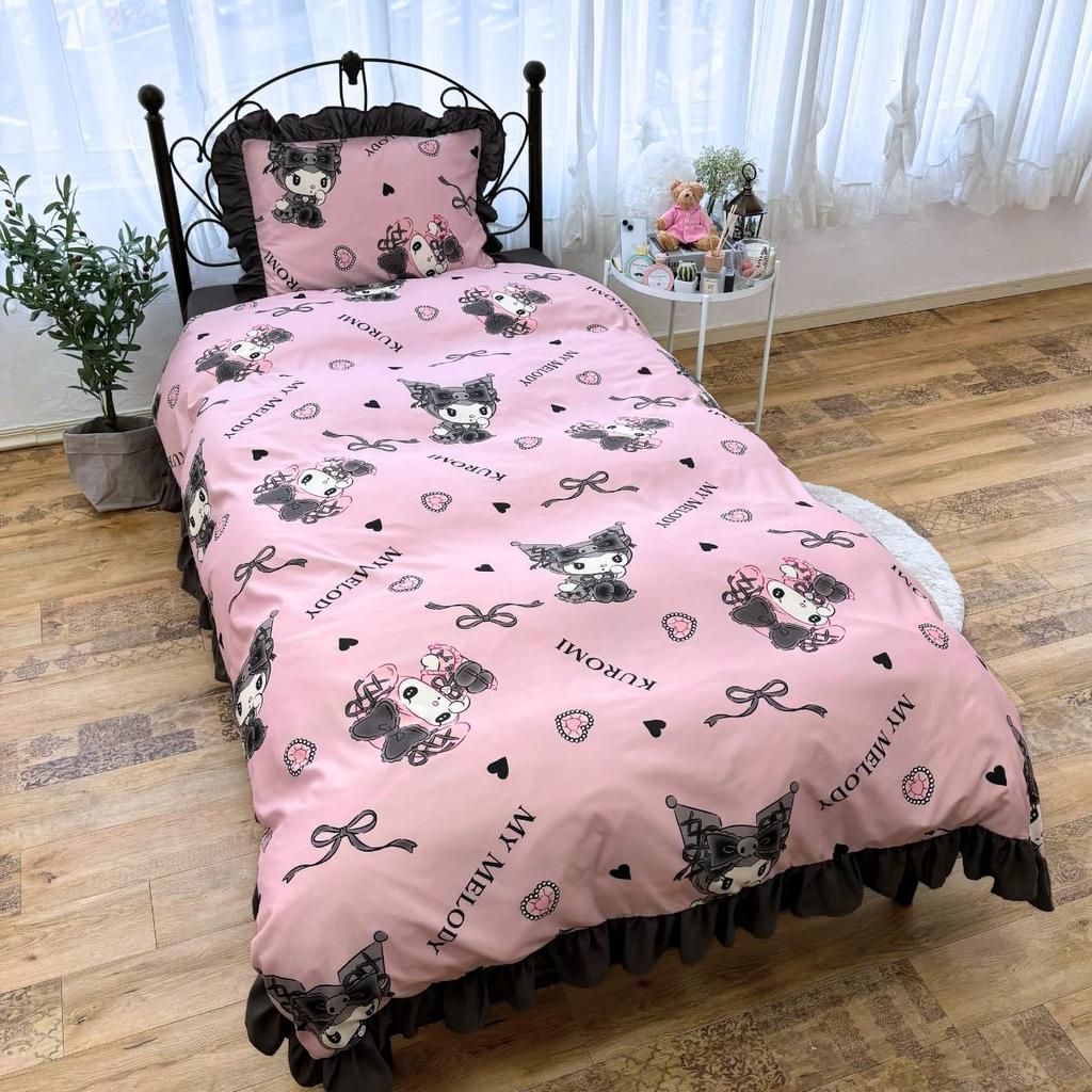 Sanrio Kuromi My Melody Midnight Mello Kuro Volume Ruffle 3 Piece Duvet Cover Set Pillowcase Sheet Duvet Cover Single SB-677-S