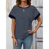 Damen Gestreiftes Waffelstrick T-Shirt Mit Kontrastbesatz Kurzarm Lässiges Rundhals-T-Shirt