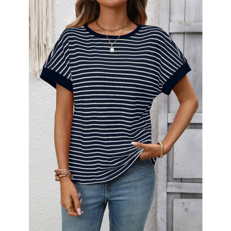 Damen Gestreiftes Waffelstrick T-Shirt Mit Kontrastbesatz Kurzarm Lässiges Rundhals-T-Shirt