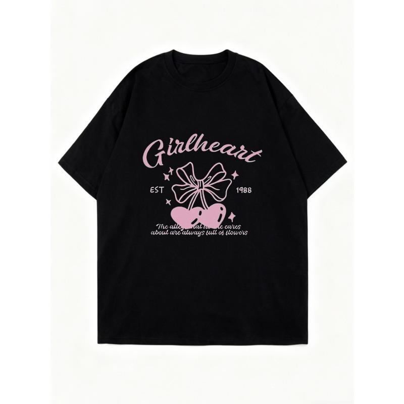 Übergroßes T-Shirt Schwarz Girlheart Schleife und Herzen Print mit Text Est 1988 und Zitat für Freizeitkleidung