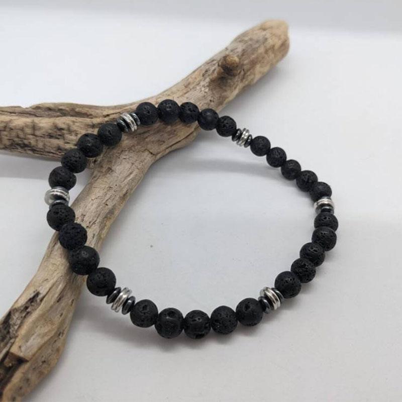 Mens Beaded Black Onyx And Green Plated Hematite Spacers With Wooden Beads 6mm Matte Mat Black Bracelet