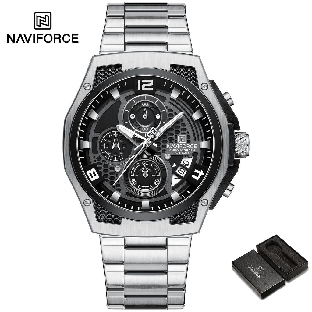 Naviforce Watch for Men Calendar Chronograph Stainless Steel Strap Luminous Waterproof Fashion Casual Outdoor Sports Men's Wristwatch NF8051S
