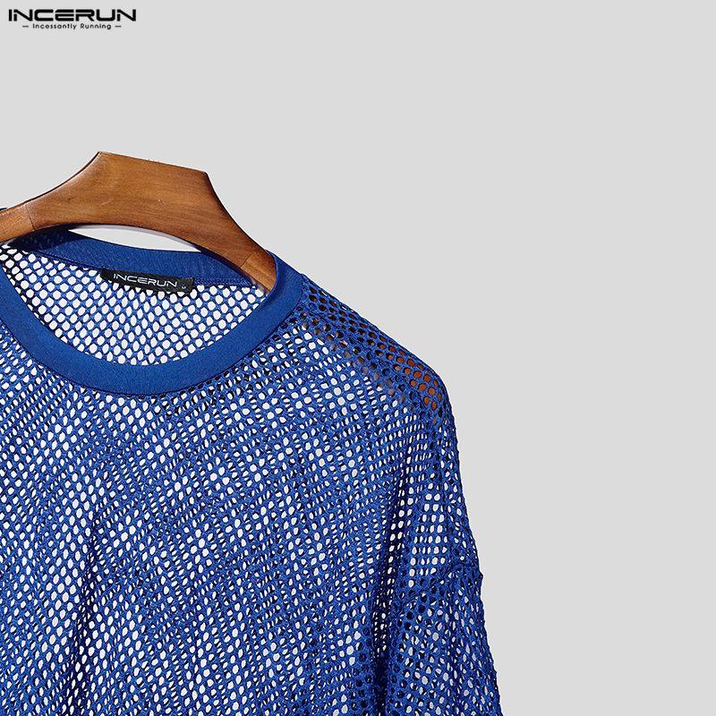 INCERUN Men Round Neck Long Sleeve Hollow Out Tops Mesh Sheer Shirts