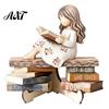 Exquisite Desktop Figurine Decor Wooden Reading Girl Figurine, Stable Pastoral Style Statue Decorative for Desk Decor, Artistic Healing Ornament,