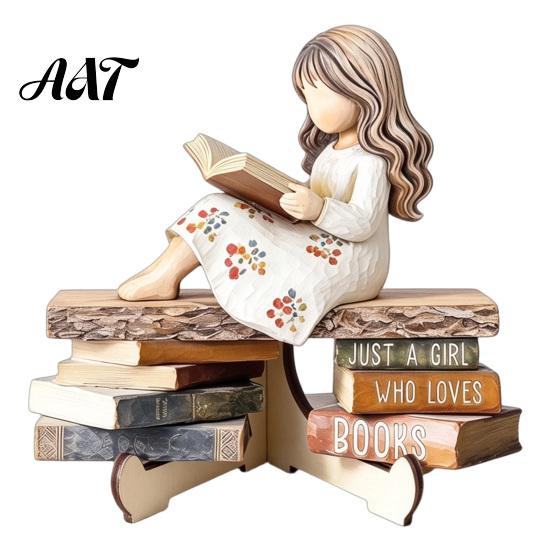 Exquisite Desktop Figurine Decor Wooden Reading Girl Figurine, Stable Pastoral Style Statue Decorative for Desk Decor, Artistic Healing Ornament,