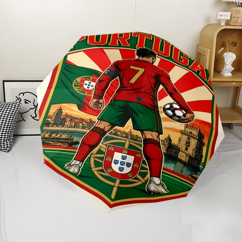 Cristiano Ronaldo Print Automatic Umbrella, 8 Rib Iron Frame, Plastic Handle, Suitable for Outdoor Travel &Daily , Ideal Gift