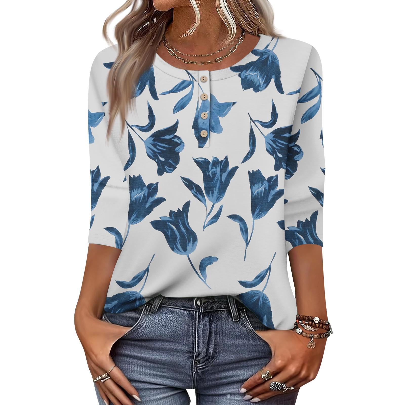 

Жіночі топи з рукавами 3/4, квіткові сорочки, сорочка на половину ґудзиків, літня блузка з круглим вирізом L