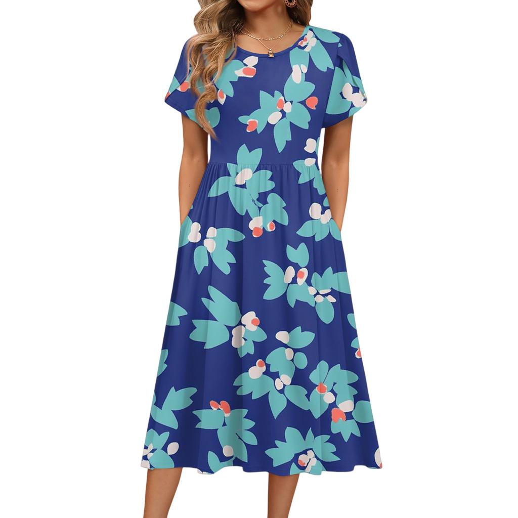 Damenmode Sommer Rundhals Kurzarm Blumendruck Strandkleider