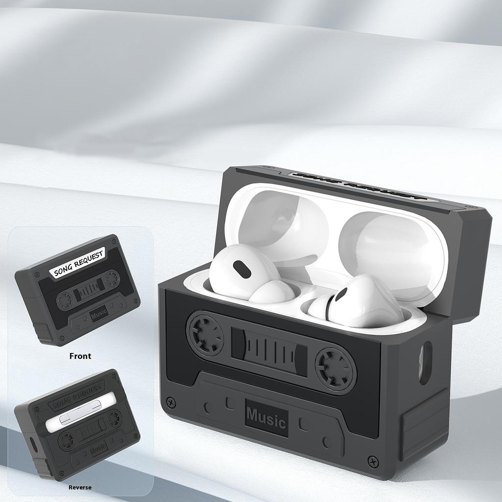 For Apple AirPods Pro 2/AirPods Pro Case Cassette Tape Design Portable Liquid Silicone Earbuds Cover with Strap