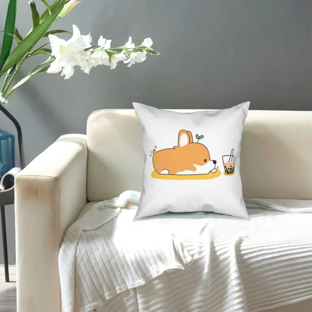 Corgi And Bubble Tea Throw Pillow Cover Cushions for Sofa Cute Dog Kawaii Vintage Cushion Covers