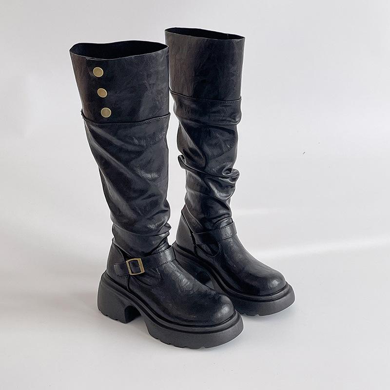 Fashion retro style thick heel leather boots belt buckle platform boots women's autumn and winter fashion high heel knight boots trend