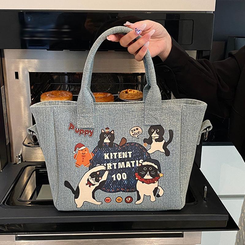 2025 New Trendy Cartoon Cat Print Denim Bucket Bag Versatile Casual Commuter Large Capacity Crossbody Shoulder Bag for Women